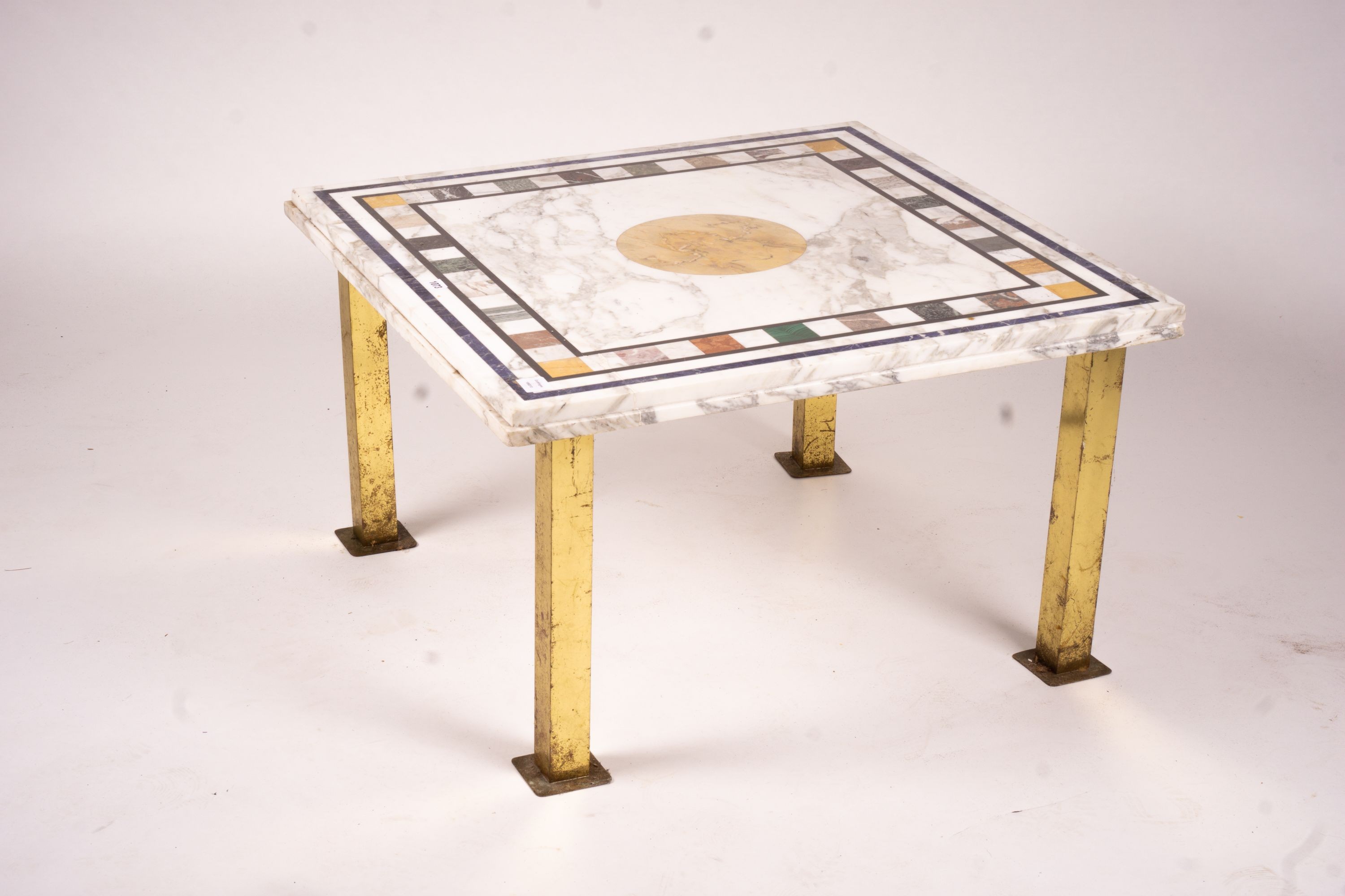 A square specimen marble and brass top low coffee table, width 86cm, height 52cm